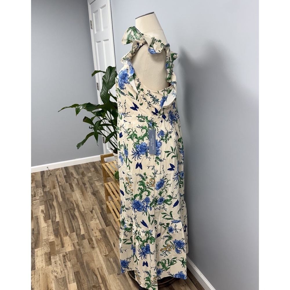 NWOT London Times Maxi Dress Plus 16W Cream & Blue Floral Butterfly Garden - Picture 4 of 14